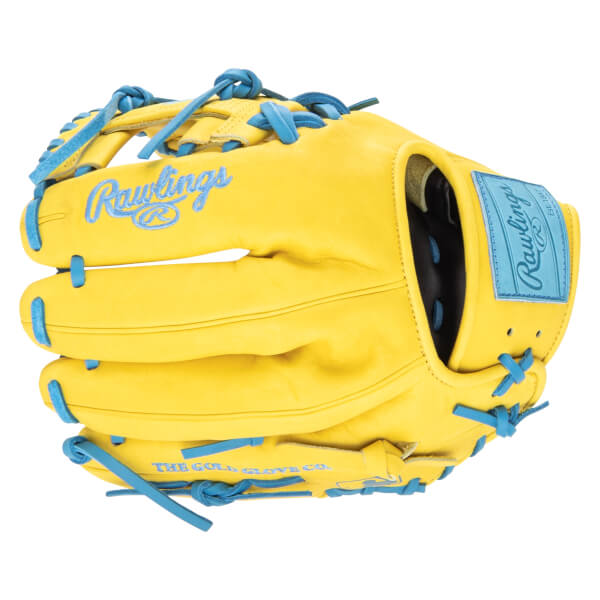 Front view of a yellow baseball glove with blue laces and "Rawlings" logo.