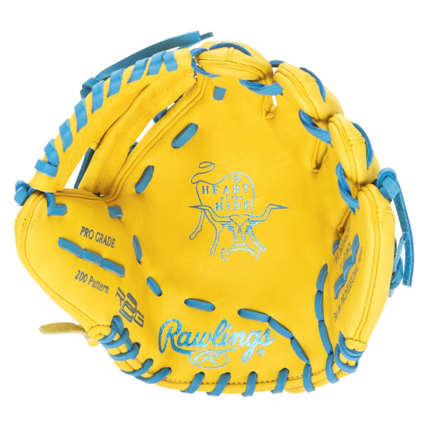 Top-down view of a yellow baseball glove with blue lacing, featuring "Rawlings" and "Heart of the Hide" logos.
