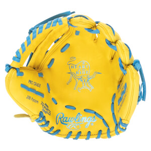 Top-down view of a yellow baseball glove with blue lacing, featuring "Rawlings" and "Heart of the Hide" logos.