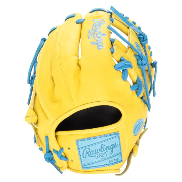 Front view of a yellow baseball glove with blue laces and a blue Rawlings logo patch.