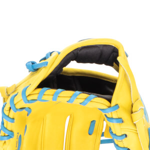 Close-up of a yellow baseball glove with bright blue lacing and "For the" text visible.