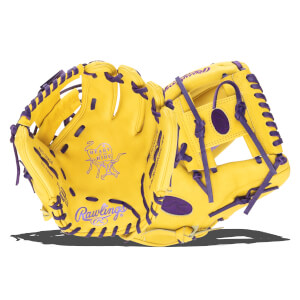 Front view of a yellow baseball glove with purple lacing, showing the "Rawlings" logo and "Heart of the Hide" emblem.