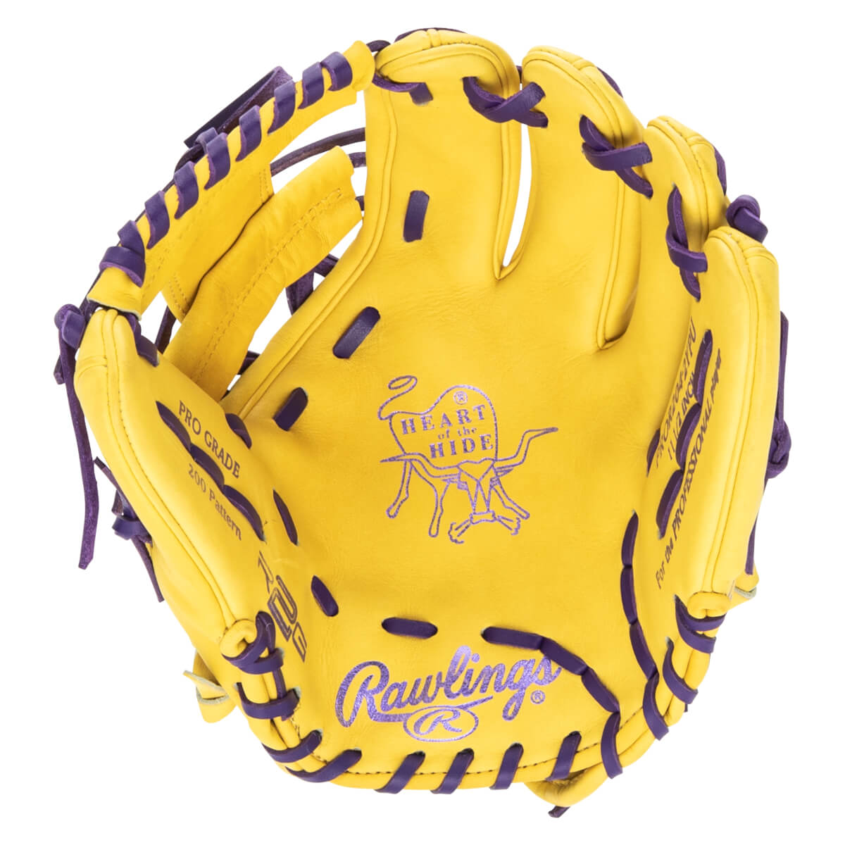Top-down view of a yellow baseball glove with purple lacing, featuring the Rawlings logo and "Heart of the Hide" branding.