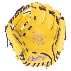 Top-down view of a yellow baseball glove with purple lacing, featuring the Rawlings logo and "Heart of the Hide" branding.