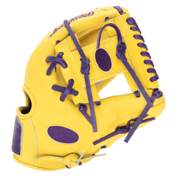 Front view of a yellow baseball glove with purple laces and Rawlings logo.