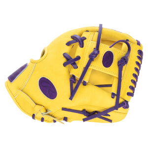 Side view of a yellow baseball glove with purple lacing and a purple Rawlings logo.