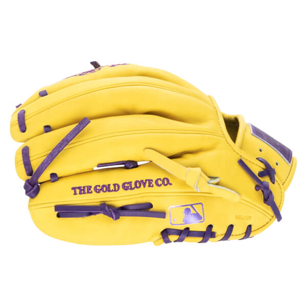 Side view of a yellow baseball glove with purple lacing, featuring "THE GOLD GLOVE CO." and an MLB logo.