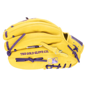 Side view of a yellow baseball glove with purple lacing, featuring "THE GOLD GLOVE CO." and an MLB logo.
