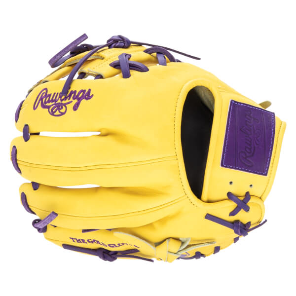 Front view of a yellow Rawlings baseball glove with purple laces and embroidered "Rawlings" logo.
