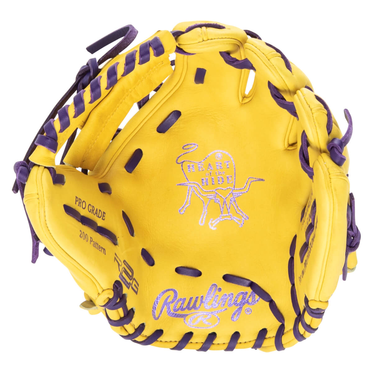 Top-down view of a yellow baseball glove with purple lacing, showing the "Rawlings" logo and "Heart of the Hide" emblem.