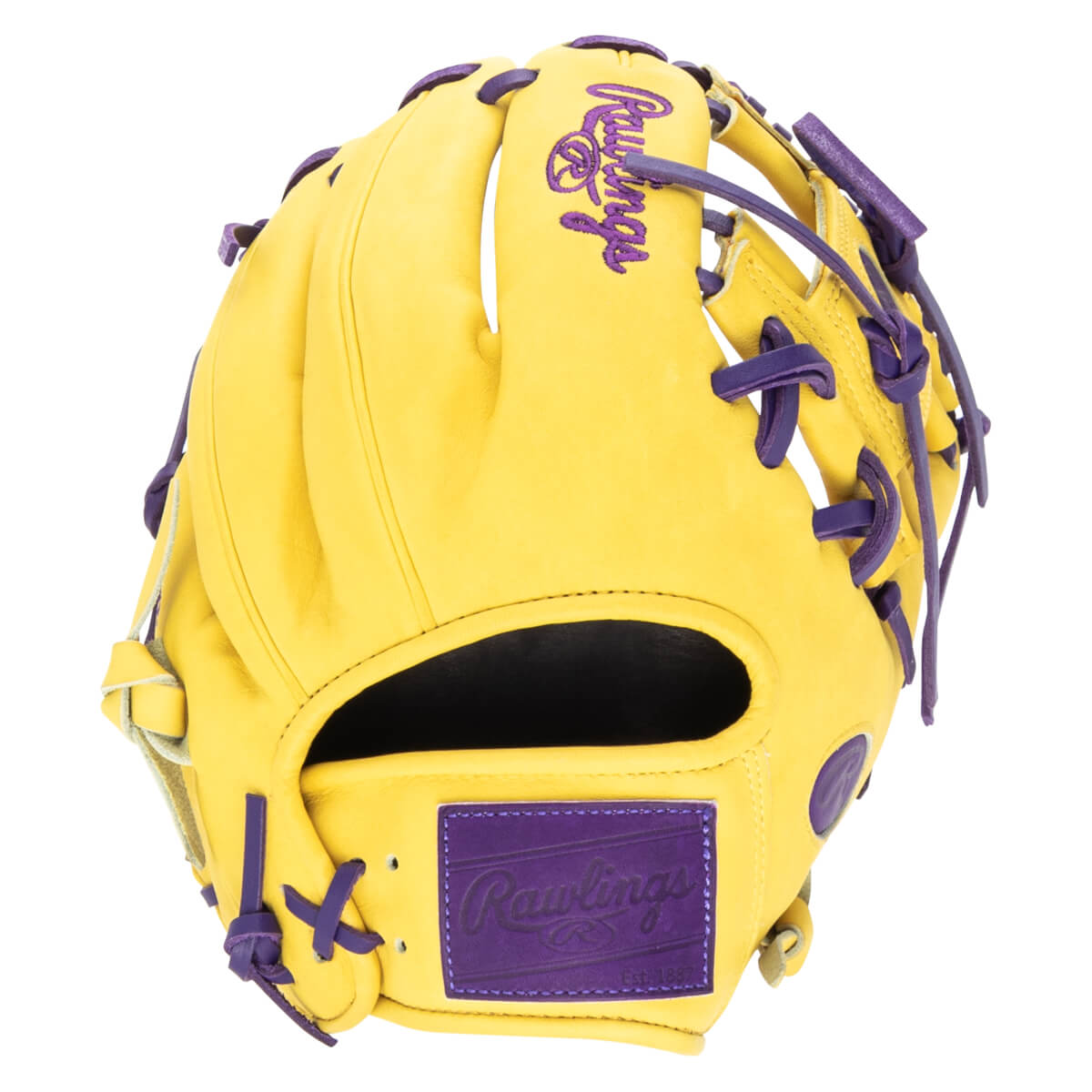 Front view of a yellow baseball glove with purple laces and a purple Rawlings logo patch.