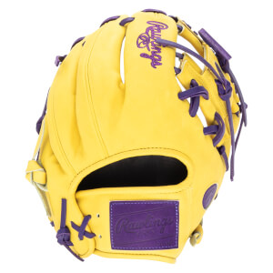 Front view of a yellow baseball glove with purple laces and a purple Rawlings logo patch.