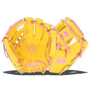 Front view of a yellow baseball glove with pink lacing, featuring a "Rawlings" logo and a bull graphic.