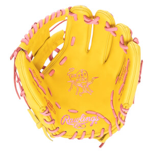 Top-down view of a yellow baseball glove with pink lacing, featuring the "Rawlings" logo and "Heart of the Hide" emblem.