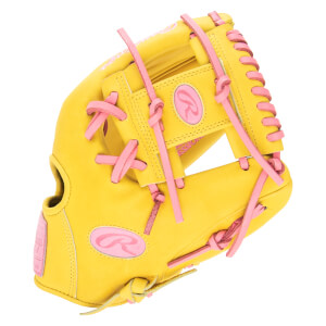 Top-down view of a yellow baseball glove with pink lacing and a pink Rawlings logo.