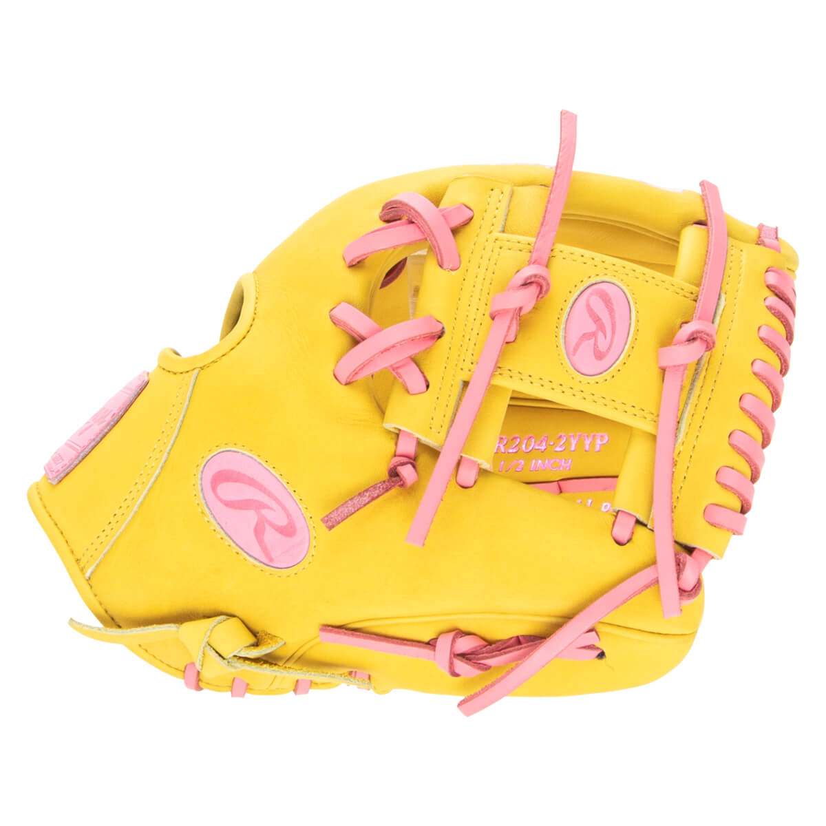 Top-down view of a yellow Rawlings baseball glove with pink lacing and Rawlings logos.