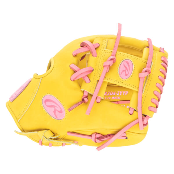 Top-down view of a yellow Rawlings baseball glove with pink lacing and Rawlings logos.