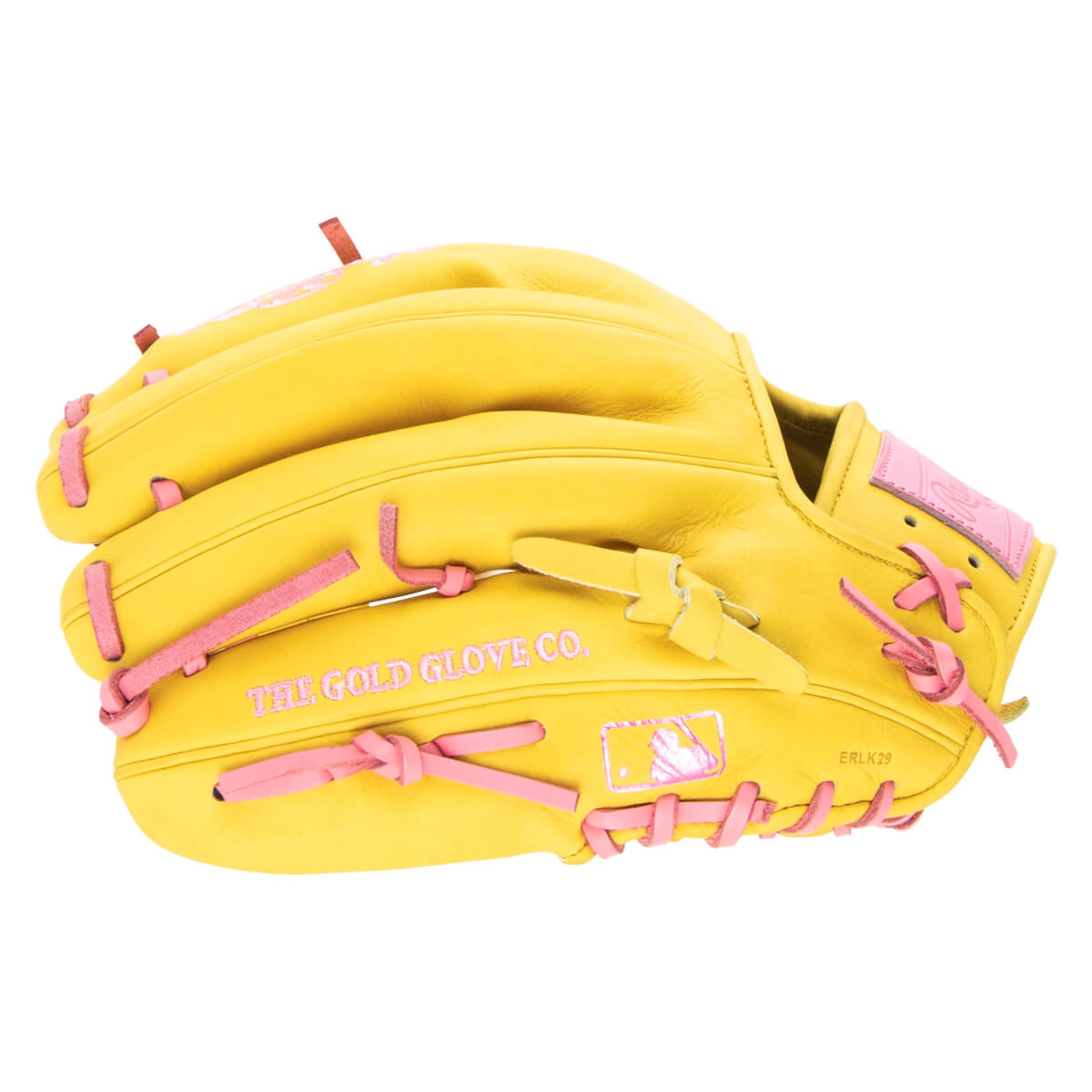 Side view of a yellow baseball glove with pink laces, featuring "THE GOLD GLOVE CO." and MLB logo.
