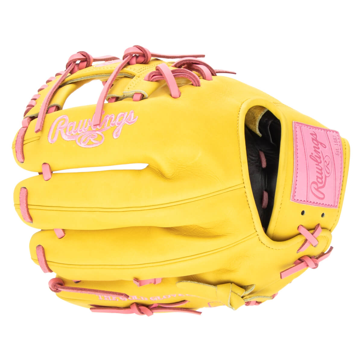Front view of a yellow Rawlings baseball glove with pink laces and embroidered "Rawlings" logo.