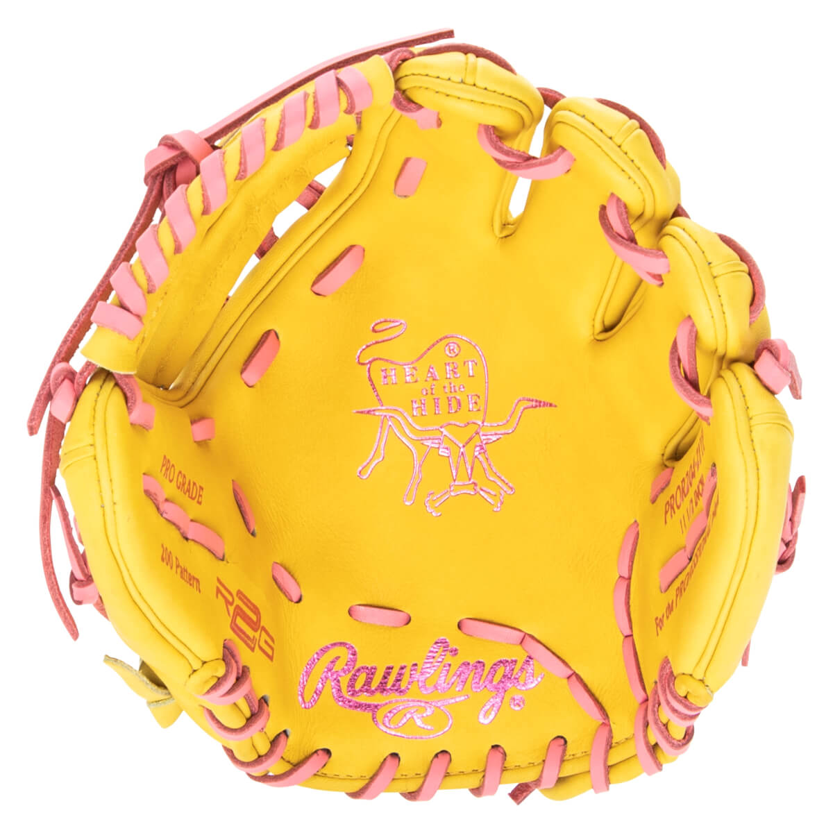 Top-down view of a yellow Rawlings baseball glove with pink lacing and embroidered "Heart of the Hide" logo.