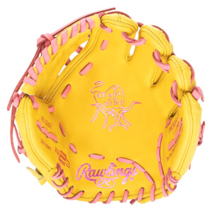 Top-down view of a yellow Rawlings baseball glove with pink lacing and embroidered "Heart of the Hide" logo.