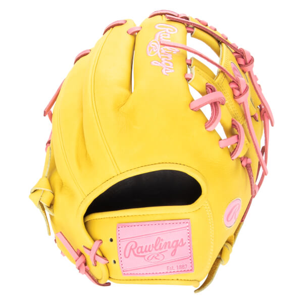 Top-down view of a yellow baseball glove with pink laces and a pink Rawlings logo patch.