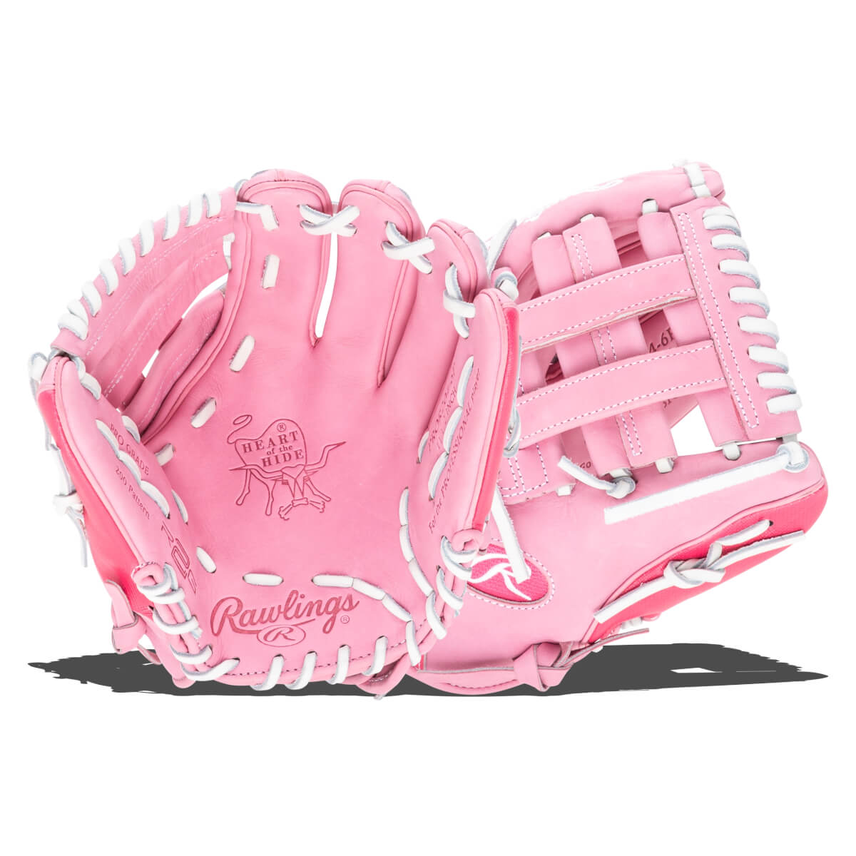 Top-down view of a pink Rawlings baseball glove with white lacing and "Heart of the Hide" logo.