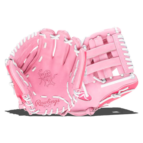 Top-down view of a pink Rawlings baseball glove with white lacing and "Heart of the Hide" logo.