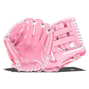 Top-down view of a pink Rawlings baseball glove with white lacing and "Heart of the Hide" logo.