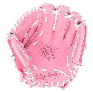Top-down view of a pink Rawlings baseball glove with white lacing and "Rawlings" logo.