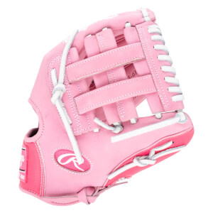 Front view of a pink baseball glove with white lacing and a Rawlings logo.