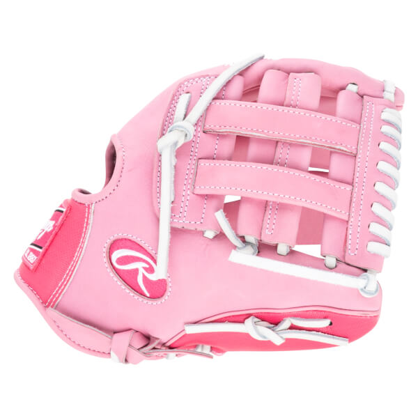 Side view of a pink Rawlings baseball glove with white lacing and a red accent.