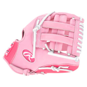 Side view of a pink Rawlings baseball glove with white lacing and a red accent.