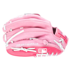 Side view of a pink baseball glove with white lacing, "THE GOLD GLOVE CO." text, and an MLB logo.