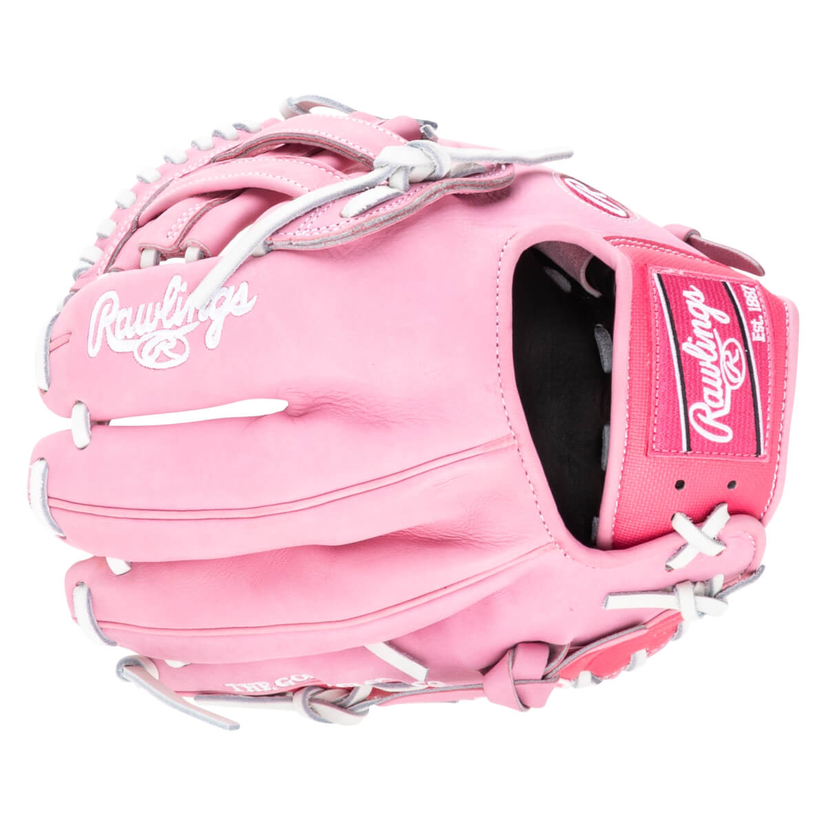 Front view of a pink Rawlings baseball glove with white lacing and "Rawlings" logo.