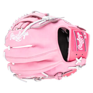 Front view of a pink Rawlings baseball glove with white lacing and "Rawlings" logo.