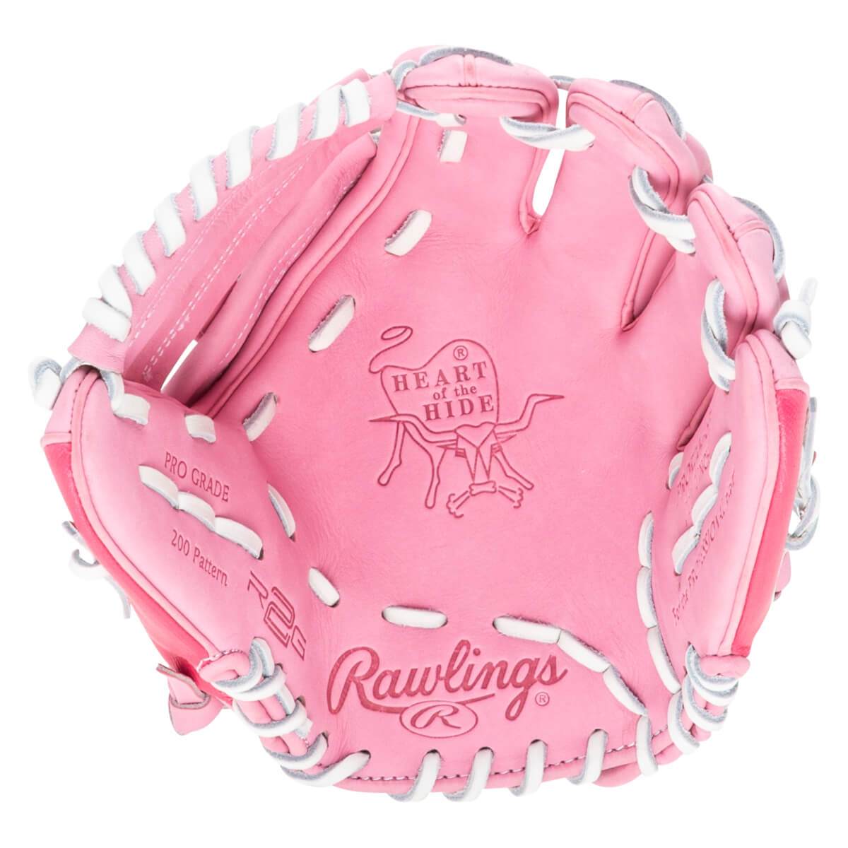 Top-down view of a pink Rawlings baseball glove with "PRO GRADE" and "200 Pattern" visible.