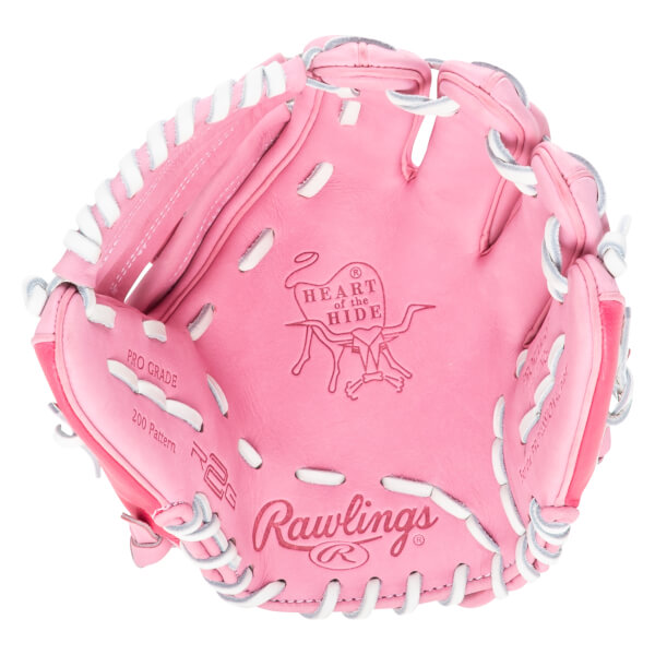 Top-down view of a pink Rawlings baseball glove with "PRO GRADE" and "200 Pattern" visible.