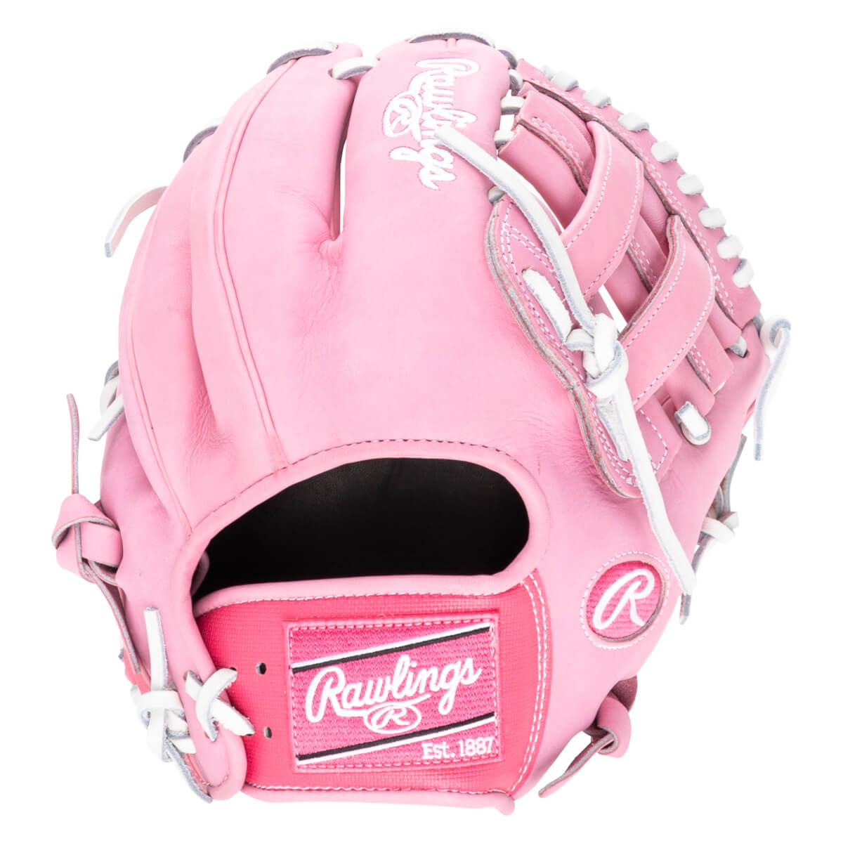 Top-down view of a pink Rawlings baseball glove with white lacing and a "Rawlings Est. 1887" patch.