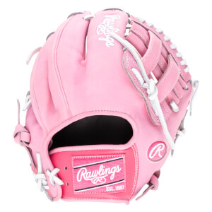 Top-down view of a pink Rawlings baseball glove with white lacing and a "Rawlings Est. 1887" patch.