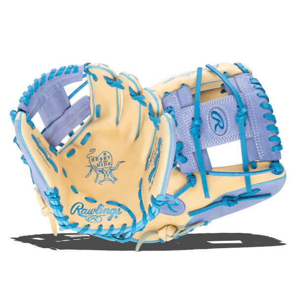 Front view of a tan and lavender Rawlings baseball glove with bright blue lacing and visible "Rawlings" and "Heart of the Hide" logos.
