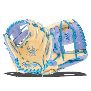 Front view of a tan and lavender Rawlings baseball glove with bright blue lacing and visible "Rawlings" and "Heart of the Hide" logos.