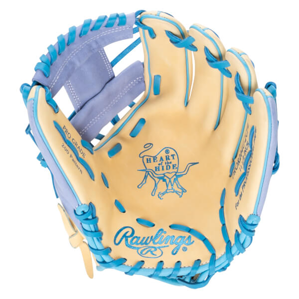 Top-down view of a tan and light blue Rawlings baseball glove with "Rawlings" and "Heart of the Hide" logos.