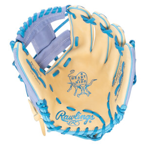 Top-down view of a tan and light blue Rawlings baseball glove with "Rawlings" and "Heart of the Hide" logos.