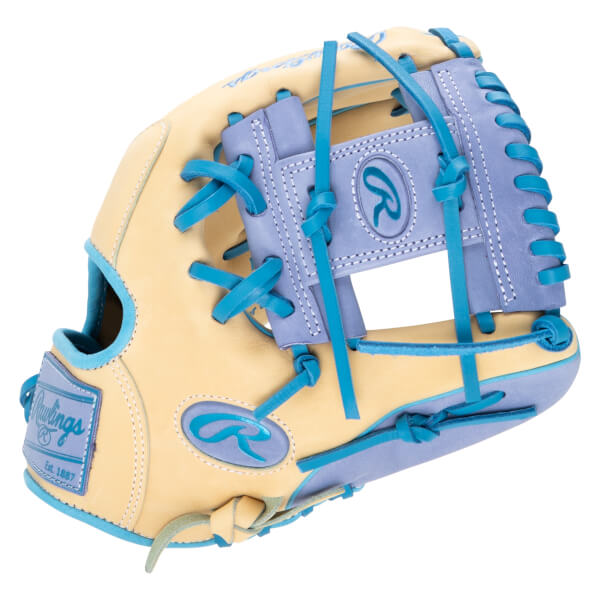 Close-up of a tan and lavender Rawlings baseball glove with bright blue laces and the Rawlings logo.