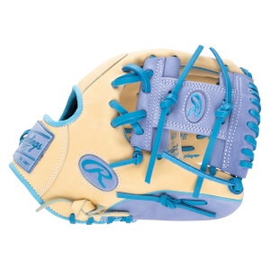 Side view of a tan and lavender baseball glove with bright blue lacing and Rawlings logos.