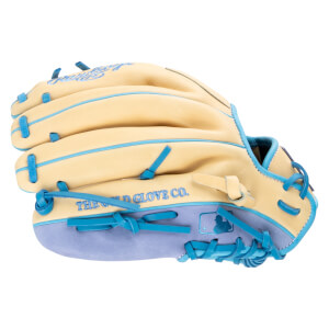 Side view of a tan baseball glove with light blue trim and lacing, showing "THE GOLD GLOVE CO." text.