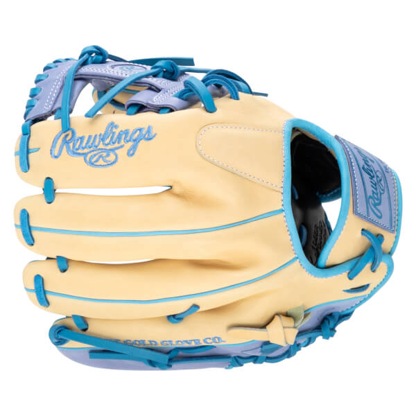 Front view of a Rawlings baseball glove with tan leather, blue stitching, and light purple accents.