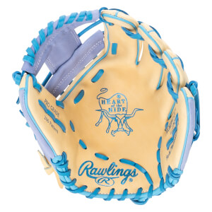 Top-down view of a tan baseball glove with blue lacing and "Rawlings" logo.