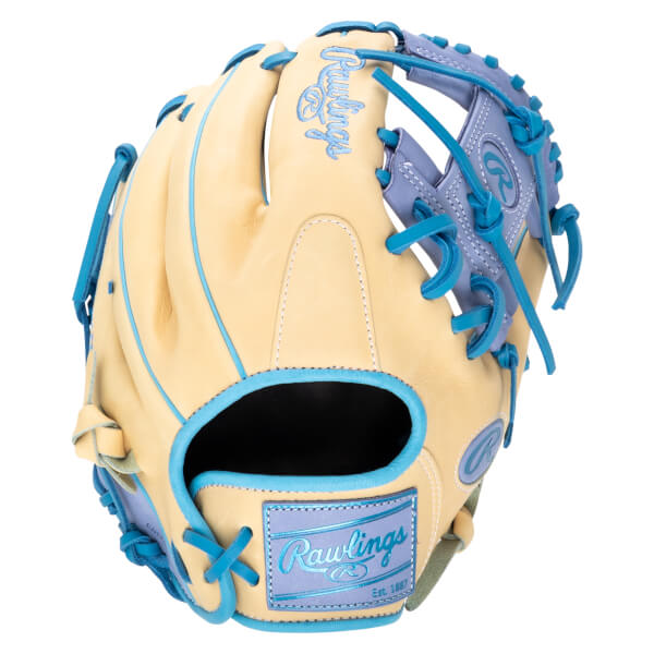 Front view of a tan baseball glove with blue lacing and trim, featuring a Rawlings logo patch.